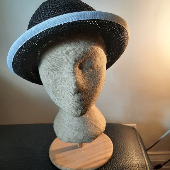 HOLT RENFREW Italy Black Paper White trim Rimmed Ladies Sun Hat 21.5" - Picture 2 of 5